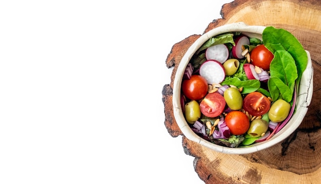 Miska z sałatką, zioła i deska